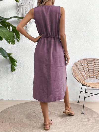 V-Ausschnitt Kleid mit Gürtel, A-Linie für Frühling und Sommer - Stylisch ärmellos
