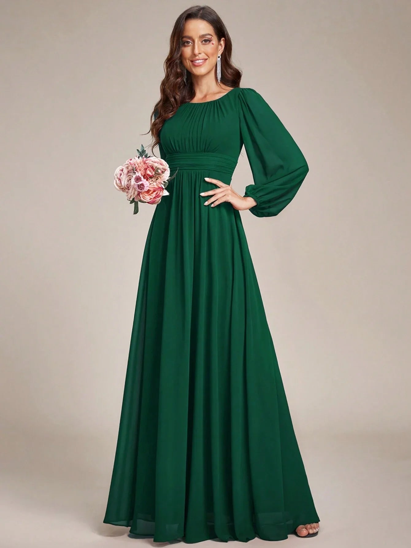 Abendkleid mit Rundhalsausschnitt, Chiffon und Laternenärmeln