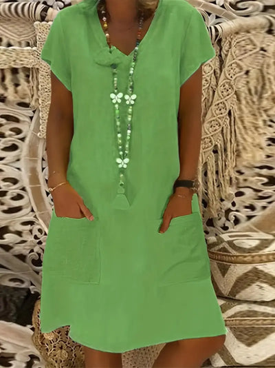 Knielanges Sommerkleid aus Baumwolle mit V-Ausschnitt