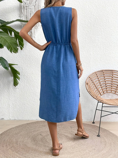 V-Ausschnitt Kleid mit Gürtel, A-Linie für Frühling und Sommer - Stylisch ärmellos