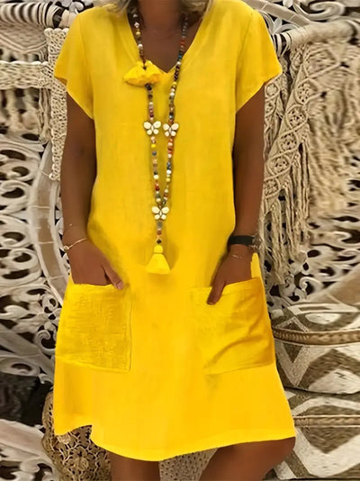 Knielanges Sommerkleid aus Baumwolle mit V-Ausschnitt