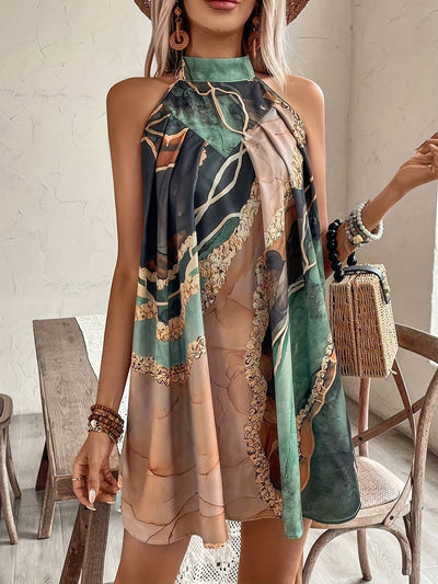 Elegantes geometrisch gemustertes Midikleid mit goldenen Akzenten