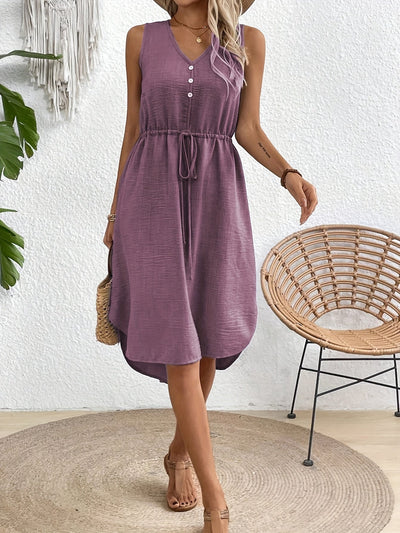 V-Ausschnitt Kleid mit Gürtel, A-Linie für Frühling und Sommer - Stylisch ärmellos