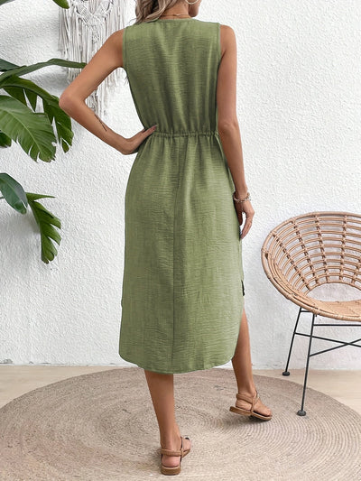 V-Ausschnitt Kleid mit Gürtel, A-Linie für Frühling und Sommer - Stylisch ärmellos