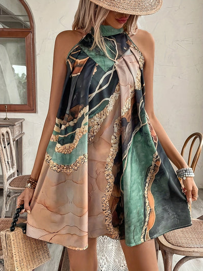 Elegantes geometrisch gemustertes Midikleid mit goldenen Akzenten