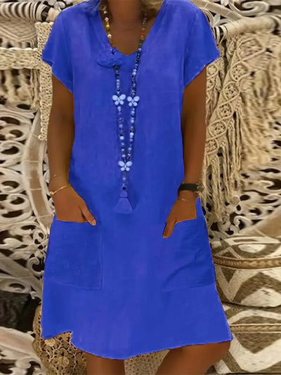 Knielanges Sommerkleid aus Baumwolle mit V-Ausschnitt