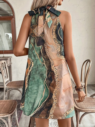 Elegantes geometrisch gemustertes Midikleid mit goldenen Akzenten
