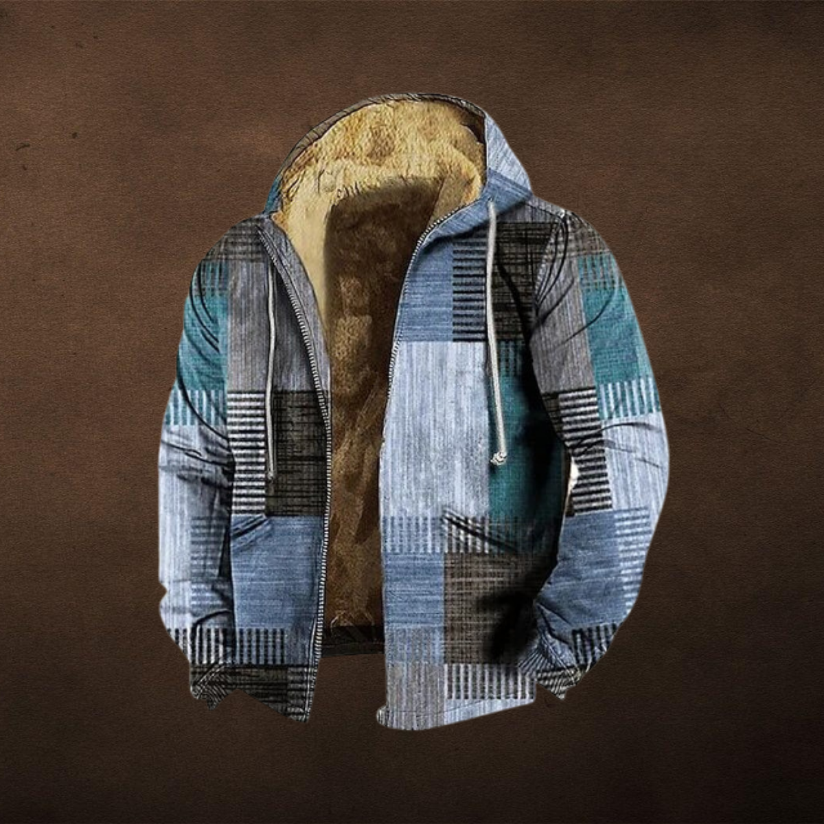Herren gefütterte Patchworkjacke im Vintage-Stil mit Kapuze