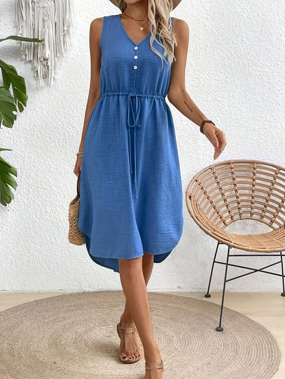 V-Ausschnitt Kleid mit Gürtel, A-Linie für Frühling und Sommer - Stylisch ärmellos